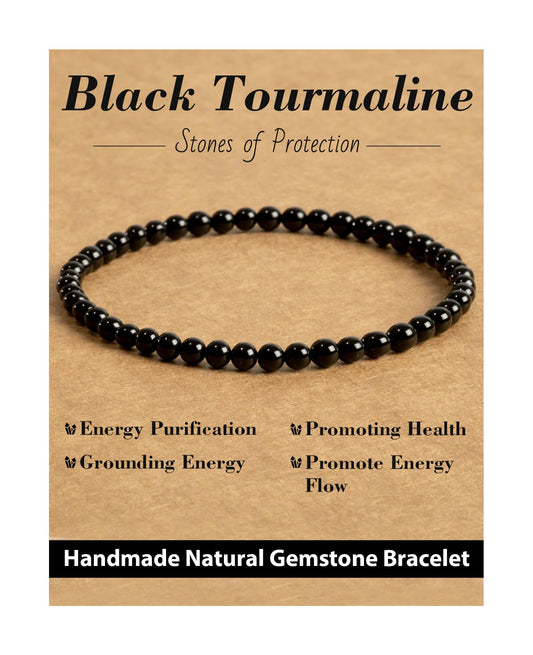 Landorilo Beaded Bracelet for Men Women, 4mm Natural Stone Black Tourmaline Healing Crystal Stretch Bracelets, Ideal Christmas Birthday Jewelry Gifts with Energy Card，Replacement Beads Included