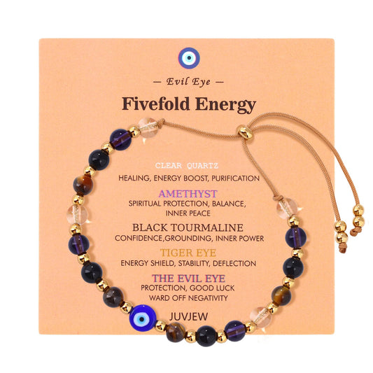 Cute Evil Eye Bracelet Red Black - Natural Crystal Protection Adjustable Spiritual Guardian Jewelry- 5 Healing Stones Clear Quartz Amethyst Black Tourmaline Tiger Eye Bracelet Adjustable (Blue Eye-Brown Rope)