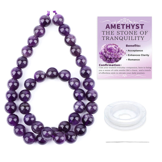 CMBYN Natural Stone Beads Round Genuine Real Stone Beading Strand Loose Gemstones DIY Smooth Bead for Bracelet Necklace Earrings Jewelry Making (Amethyst, 10mm 36 Pieces)