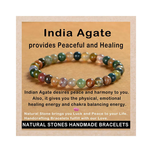 AD Beads Handmade Gemstone Stretch Elastic Bracelet Crystal Healing Reiki Nature's Beauty and Spiritual Essence Unisex (6mm, Indian Agate)