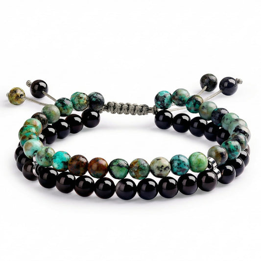 Atminafays 6MM Stackable Healing Bracelet - Mookaite Jasper, Tiger's Eye & African Turquoise with Silver Sheen Obsidian Beads | Adjustable Handwoven Cord | Boho Chic Spiritual Jewelry for Men & Women (Calm & Luck)