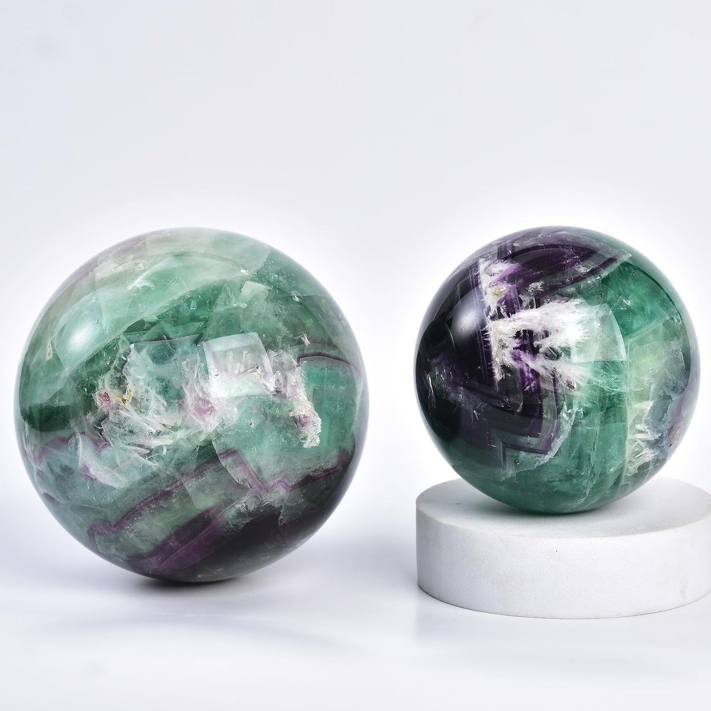 JIC Gem Large Crystal Ball Feather Fluorite Healing Crystals Sphere with Wooden Stand Meditation Home Decor 4 inch (100mm)