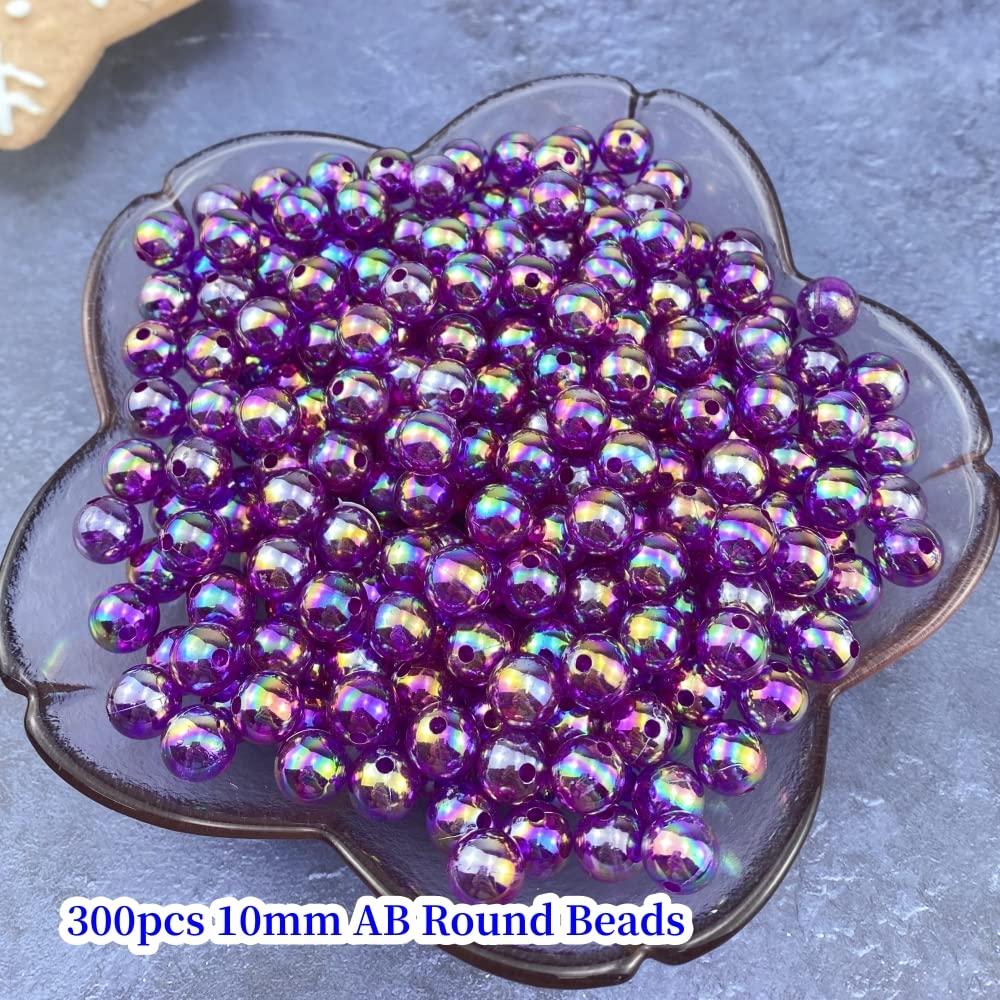 300 Pcs 10mm Acrylic Round Beads AB Colors Round Spacer Beads for Earring Bracelet Necklace Key Chains Jewelry DIY Craft Making(Dark Purple AB)