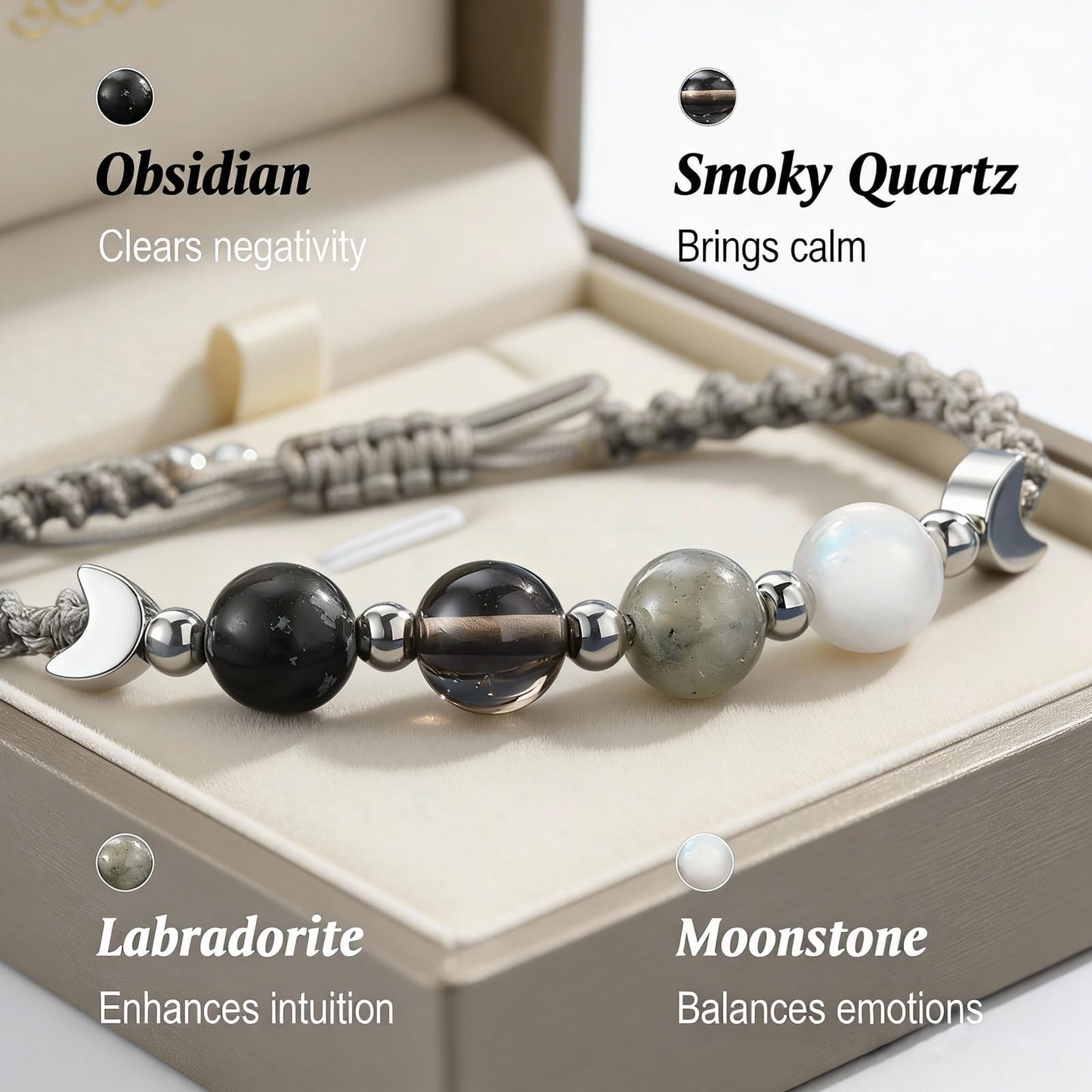 KOFISNI Moonstone Healing Bracelet for Women Negative Energy Hope Bracelet for Women Blocker Black Obsidian Bracelets First Time Mom Gifts Mothers Day Friendship Gifts for Him Her (Moon Phase)