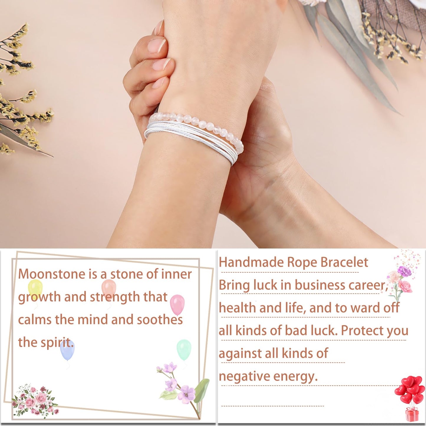 LPBeads 4mm White MoonStone Bracelet with Handmade Rope Bracelet Size Adjustable Natural Stone Crystal Healing Bracelets Gifts for Unisex Adults