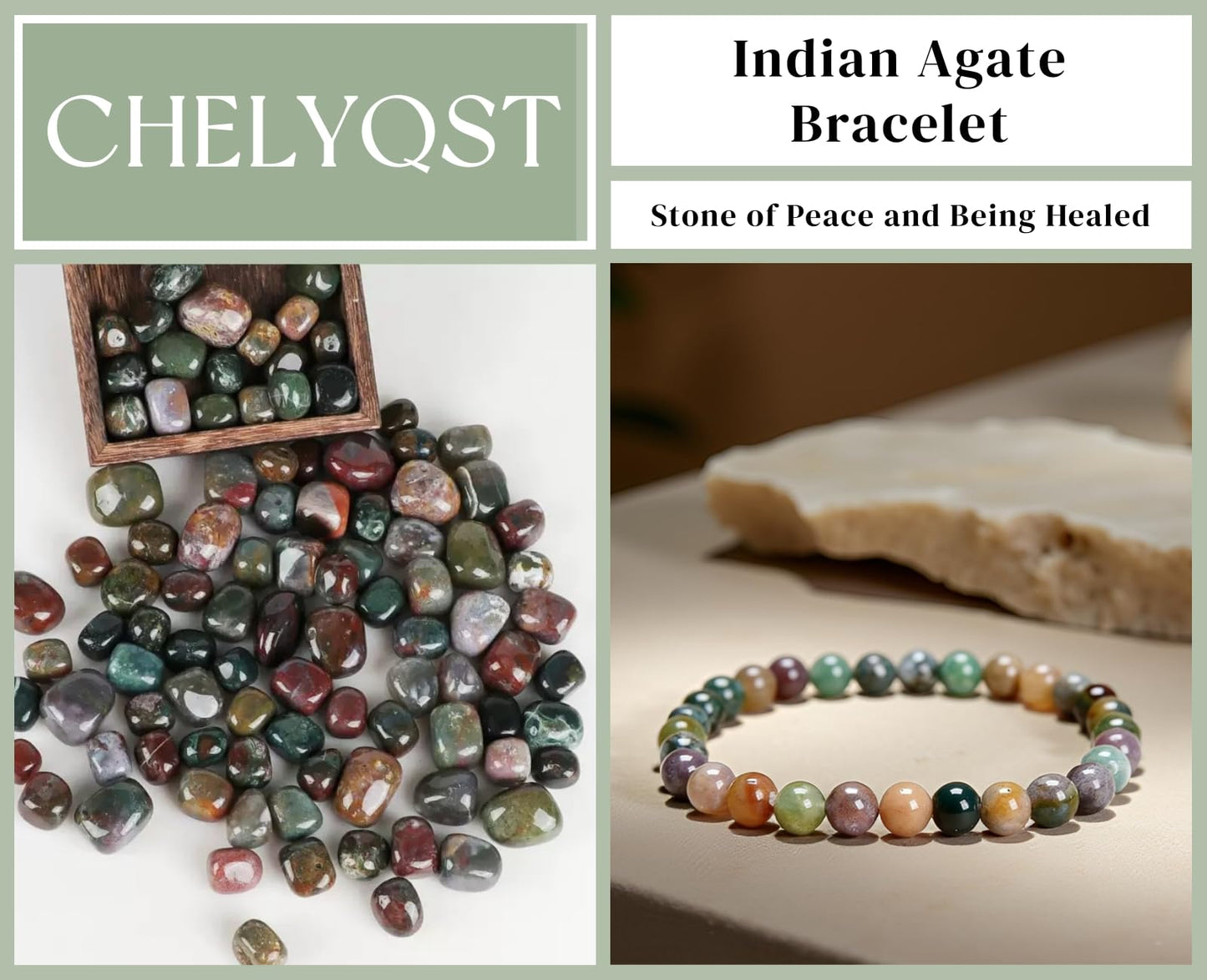 CHELYQST Indian Agate Bracelet - Stone of Peace and Being Healed,Stretch Natural Stone Crystal Beads Jewelry Gifts for Women Men Unisex Adult,6mm