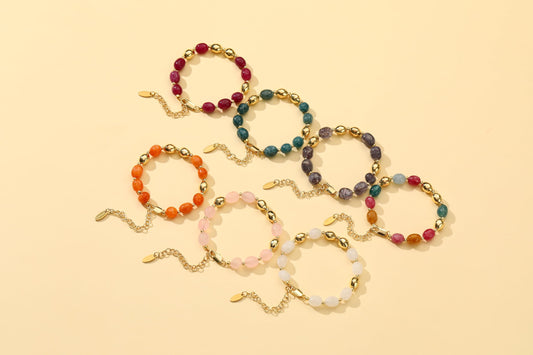NVWAROCK Beaded Bracelet for Women, Colorful Gemstone Bracelet, 14K Gold Plated Stackable Handmade Oval Stone Bracelet Multicolor Jewelry Gift - Colourful