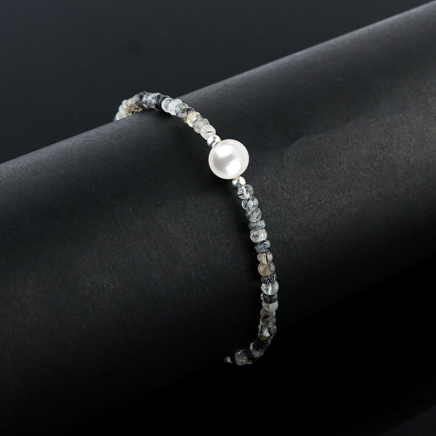 CRYSTALINES Natural Black Rutilated Quartz Gemstones Beads Bolo Bracelet with Pearl, High Grade, Handmade Bracelet, Healing Crystals, Silver Jewelry, Adjustable Chain, Gift for Women, 10inch