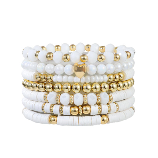 RISHEGAE Heishi Beaded Stretch Bracelets for Women Stackable Gold Polymer Clay Beads Bracelets Friendship Boho Summer Beach Bracelet Jewelry Set (F-H white)