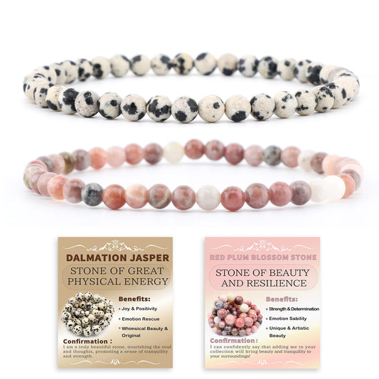 NCB 2-Piece 4mm Natural Crystal Gemstone Stretch Bracelets – ﻿Dalmation Jasper, Red Plum Blossom Stone Handmade Reiki Energy Healing Jewelry for Meditation,Yoga, Unisex