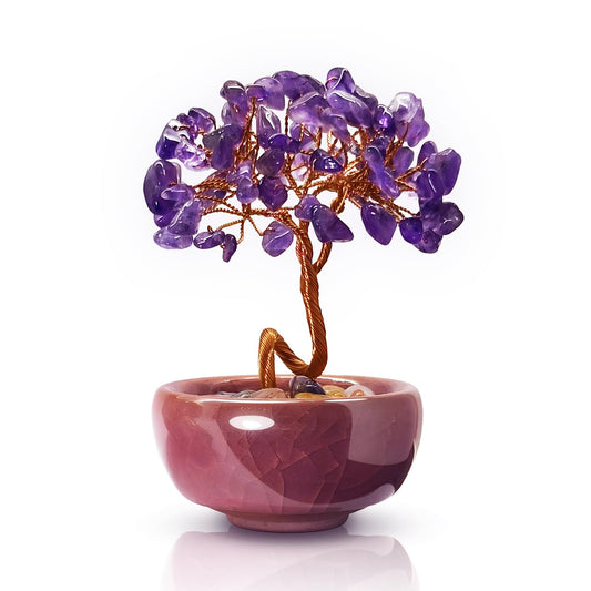 Janyortrenner Mini Amethyst Crystals Tree of Life,Mystical Energy Home Office Desk Decor,Handmade Crystal with Copper Wire and Crackle Glaze Base,Spiritual Gift