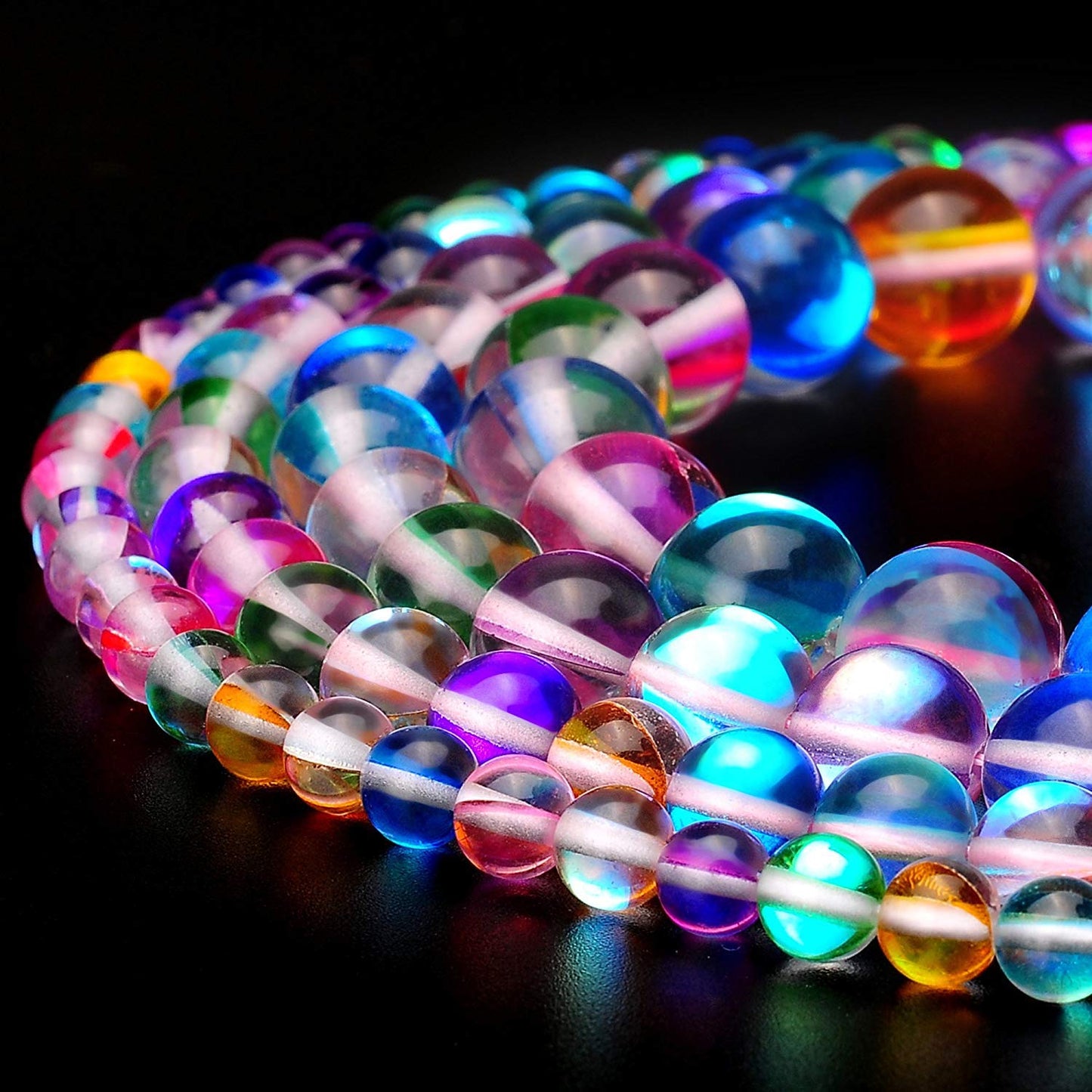 RUBYCA Round Moonstone Crystal Glass Beads Aura Iridescent for Jewelry Making (1 Strand, 8mm, Mix)