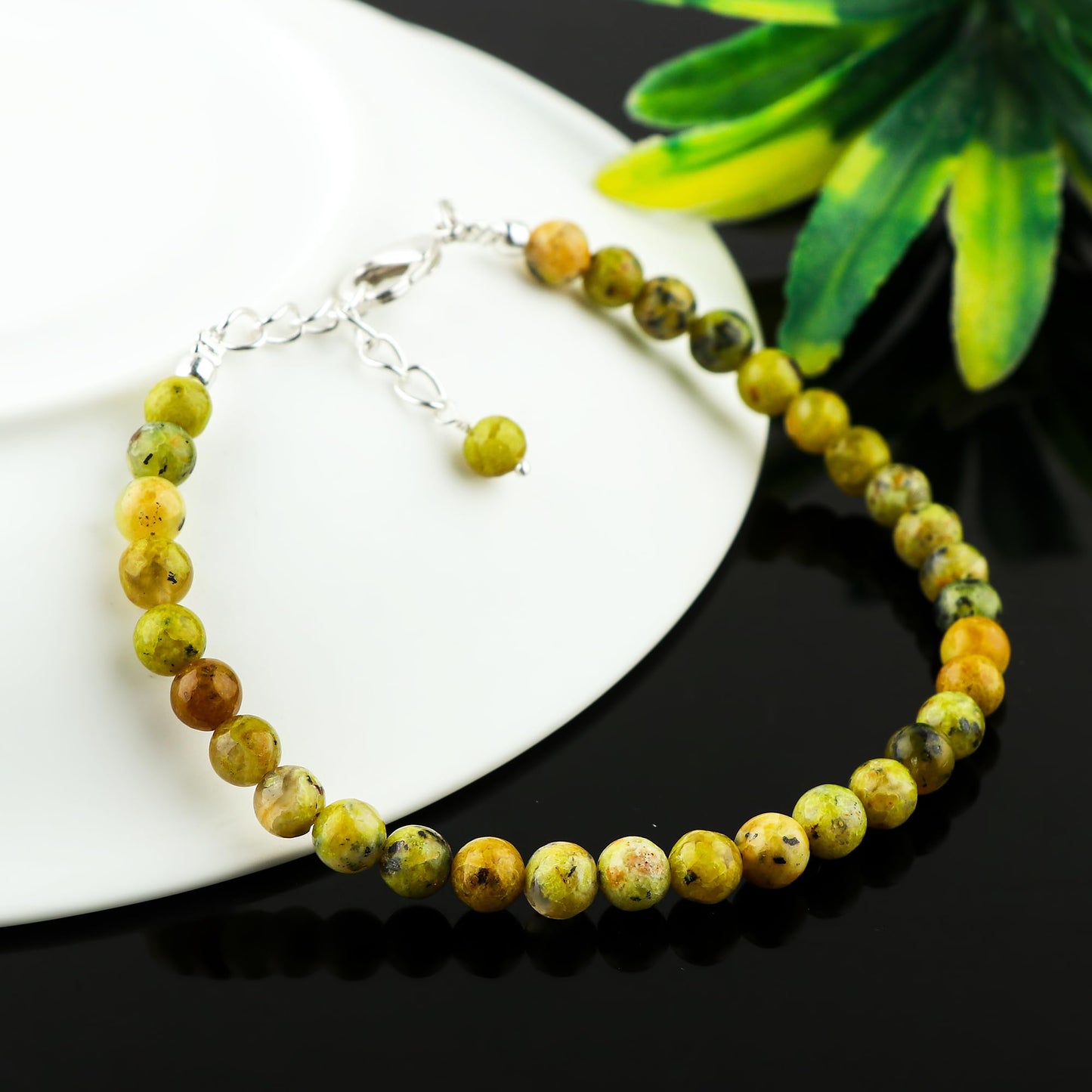 CRYSTALINES Natural Green Opal Gemstone Bracelet, Polished Beads Stones, Handmade Hypoallergenic Boho Jewelry for Women, Healing Crystals, Adjustable Silver Plated 7+1inch, Fashion Birthday Gift