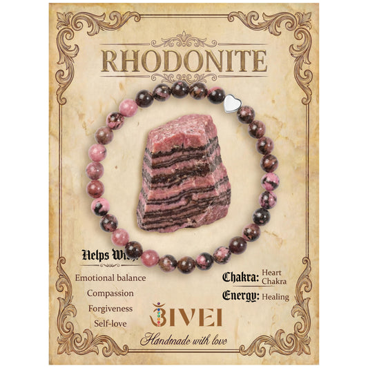 Bivei 6mm Rhodonite Crystal Stretch Bracelets for Women, Handmade Natural Stone Beaded Bracelet, Yoga Protection Jewelry Gift