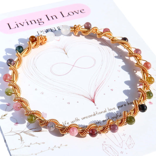 Handmade Rainbow Tourmaline Beads 14k Gold Filled Wire Wrapped Bracelet, Birthstone Chakra Healing Gemstone Crystal Adjustable Cuff Jewelry