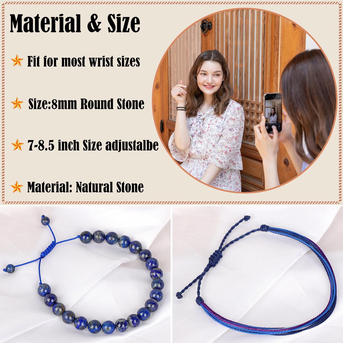 LPBeads 8mm Blue Lapis Bracelet with Handmade Rope Bracelet Size Adjustable Natural Stone Crystal Healing Bracelets Gifts for Unisex Adults