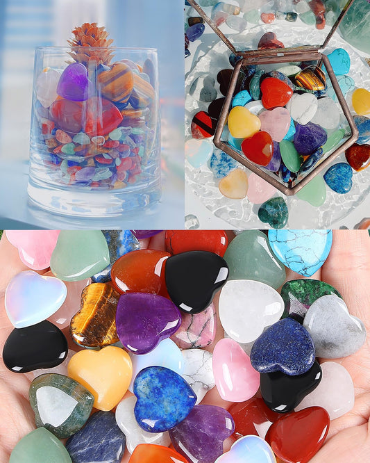 QINJIEJIE 10PCS Crystals Heart Healing Stones Rose Quartz Amethyst Polished Love Stone Palm Natural Gemstones Set Wholesale Reiki Balancing Meditation 0.8" Crystal Gifts for Women