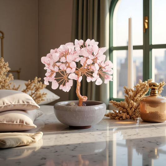 Rose Quartz Tree of Life Crystal Decor, Healing Gem Tree for Home Office Crystal Tree with Rose Quartz Base Pink Gemstone Tree of Life Decor