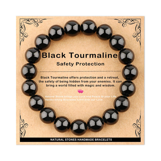 AD Beads 10mm Handmade Black Tourmaline Elastic Bracelet – Natural Gemstone for Safety Protection – Meditation, Yoga, Healing and Energy Gift for Men Women