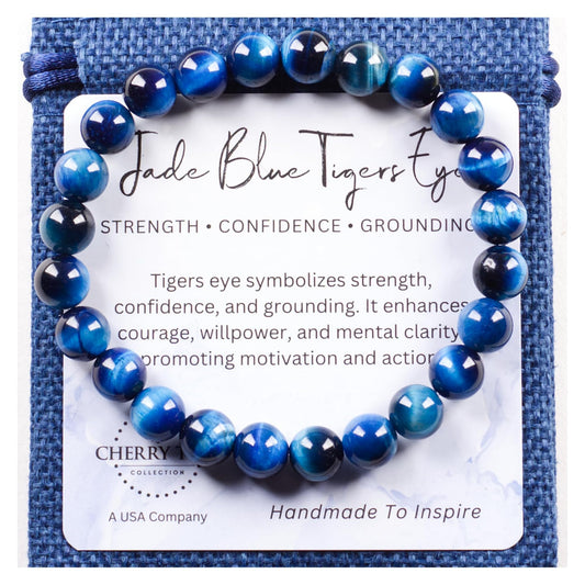 Cherry Tree Collection – Handmade Crystal Beaded Stretch Bracelets with Jade Blue Tiger's Eye for Women & Men - 8mm Round Gemstone for Protection, Balance & Luck - Medium