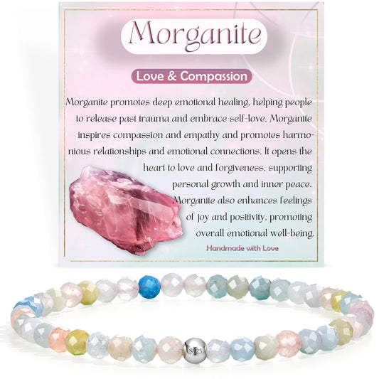 Farfume Morganite - Love & Compassion - Beaded Bracelets for Women,Handmade Natural Stone 4mm Beads 925 Sterling Silver Stretch Bracelets, Chakra Crystal Gemstone Jewelry Gifts for Mom