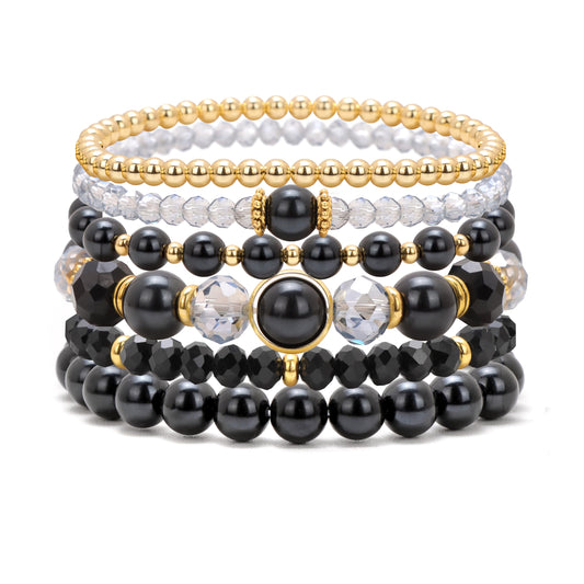 Raicegs 6PCS Beaded Bracelet 14K Gold Pearl Stretch Bracelet Stackable Crystal Beads Bracelets Boho Trendy Jewelry Gift for Women