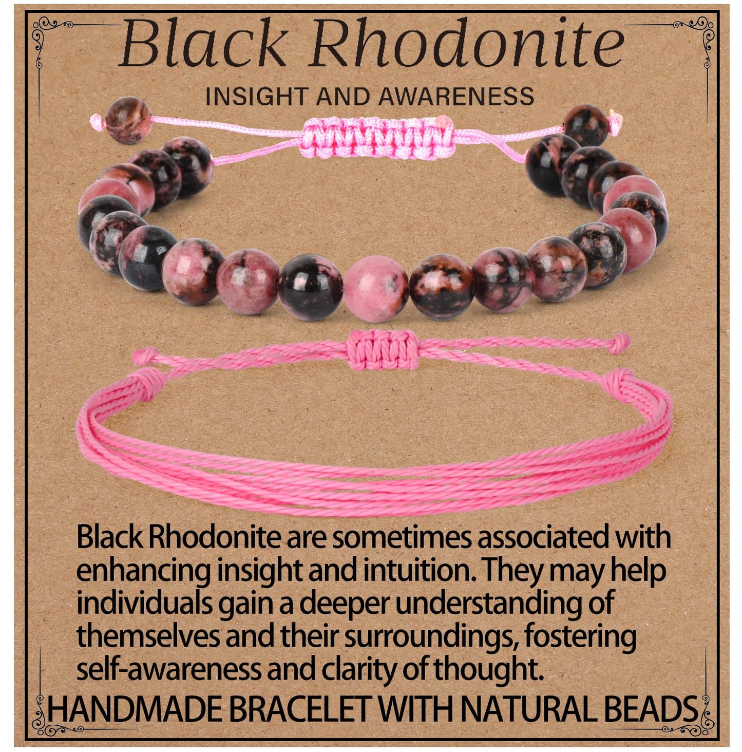 LPBeads 8mm Pink Black Rhodonite Bracelet with Handmade Rope Bracelet Size Adjustable Natural Stone Crystal Healing Bracelets Gifts for Unisex Adults