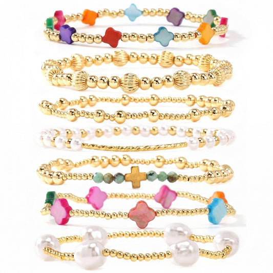 SHINUS BOHO 14K Gold Beaded Colorful Clover Bracelets Stack for Women,7PCS Bohemian Cross Pearl Beads Stackable Stretch Bracelet Set Fashion Birthday Prom Jewelry Accessories Gift Friendship Sister