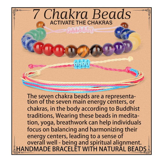 LPBeads 8mm Chakra Bracelet with Handmade Rope Bracelet Size Adjustable Natural Stone Crystal Healing Bracelets Gifts for Unisex Adults