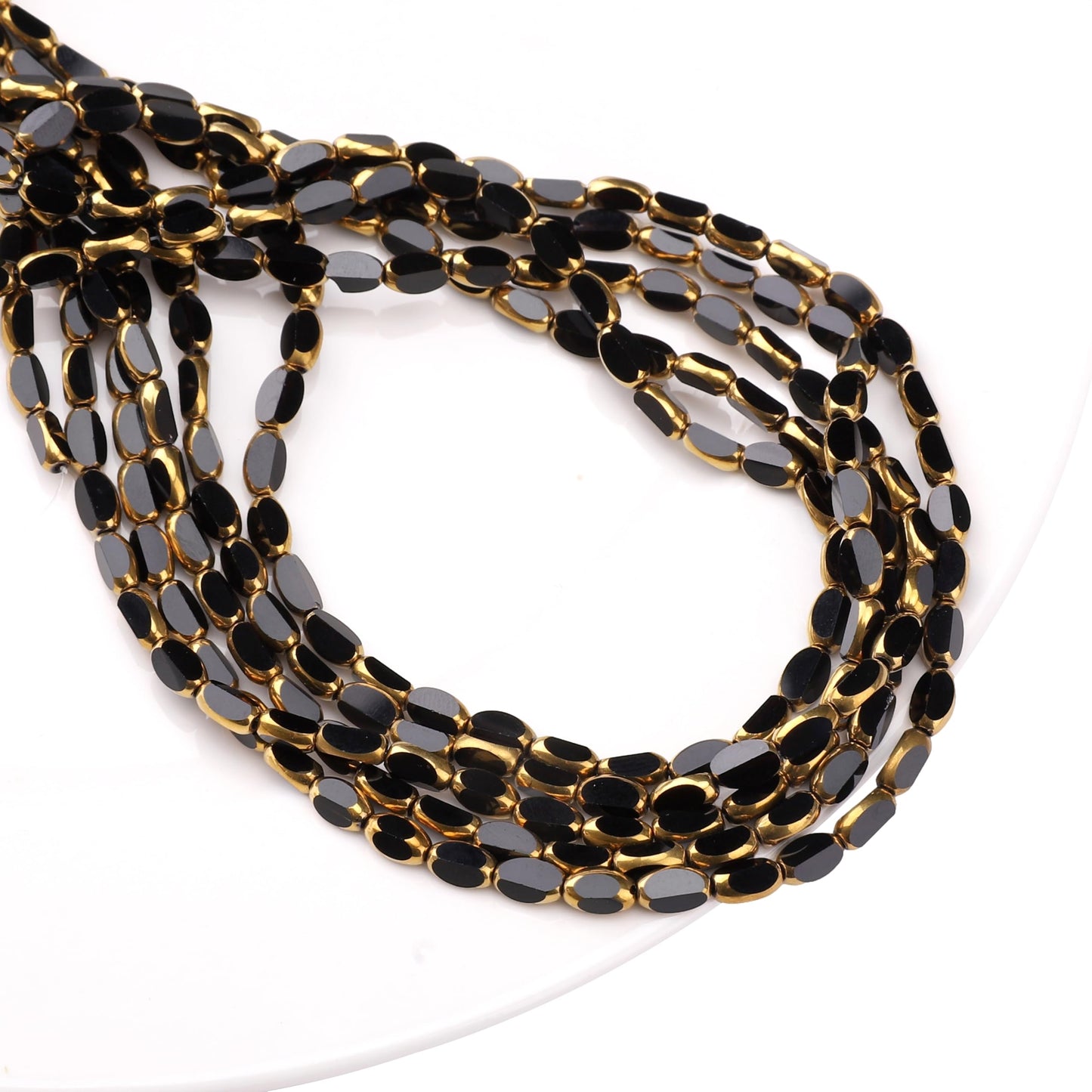 DADIFEN Glass Rice Beads Black 4x6mm 50pcs Faceted Oval Golden Edge Crystal Loose Beads for DIY Craft Jewelry Making
