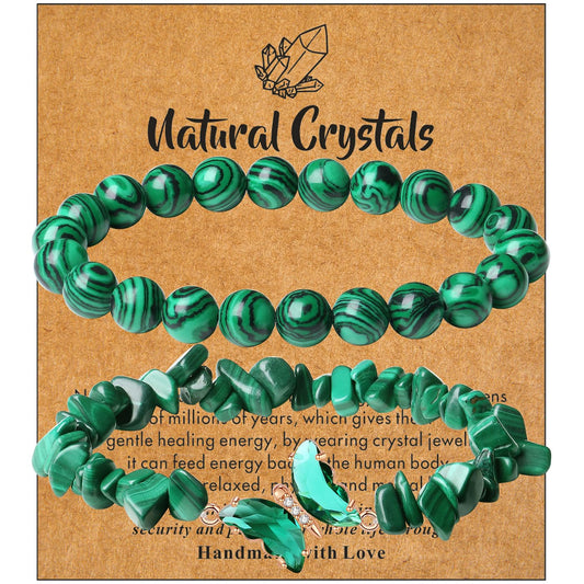 DUQGUHO 2Pcs Malachite Bracelets Green Bracelets for Women Butterfly Bracelets for Women Gemstone Bead Jewelry Healing Crystals Bracelets Stretch 8mm Crystal Beaded Jewelry Gifts for Women