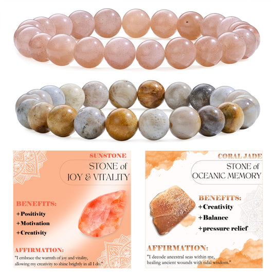 Bivei 2-Piece 8mm Beaded Bracelets for Women - Sunstone, Coral Jade – Handmade Natural Crystal Stretch Elastic Jewelry Yoga Meditation Protection Gifts