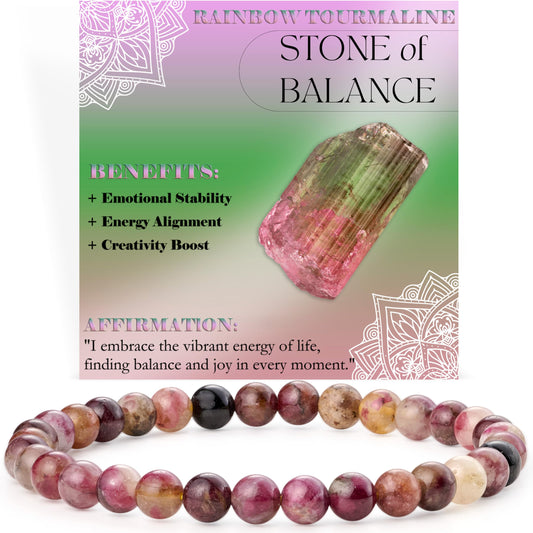 Bivei Rainbow Tournaline - Balance - 6mm Beaded Bracelets for Women Handmade Semi Precious Natural Stone Stretch Elastic Jewelry for Women Yoga Protection Gifts