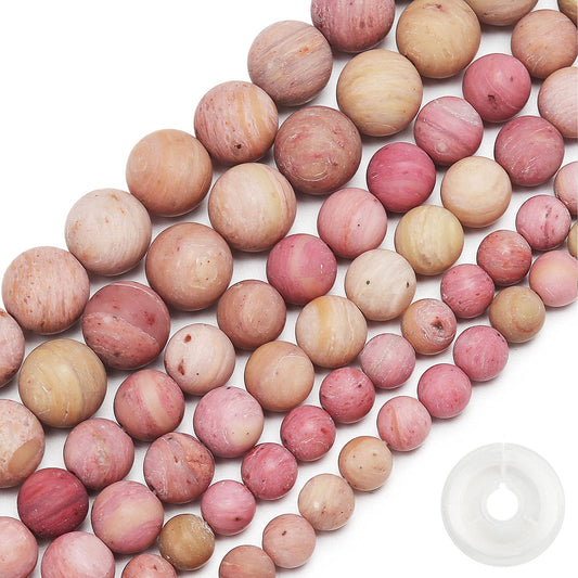 Natural Matte Rhodochrosite Beads, 8MM Round Frosted Unpolished Loose Gemstone Beads for Bracelet Necklace Jewelry Making, Energy Stone Healing Power with Stretch Beading Cord