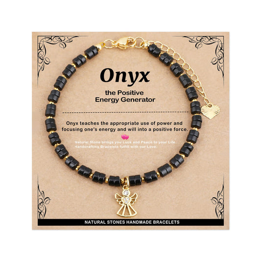 Natural Gemstone Healing Crystal Black Onyx Dainty Charms Angel Bracelet Adjustable Chain Extender Minimalist Jewelry