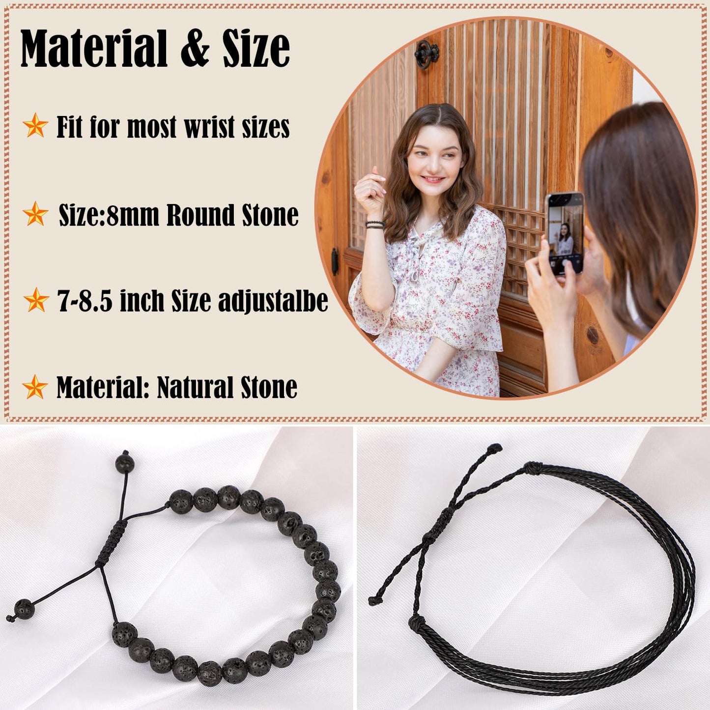 LPBeads 8mm Black Lava Bracelet with Handmade Rope Bracelet Size Adjustable Natural Stone Crystal Healing Bracelets Gifts for Unisex Adults