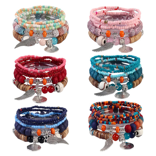 Msndnjr Beaded Bracelets for Women -Boho Beaded Bracelet Stack for Women, 6-Piece Stackable Stretch Bracelets Set, Colorful Layered Beaded Bracelets for Summer Beach & Festivals