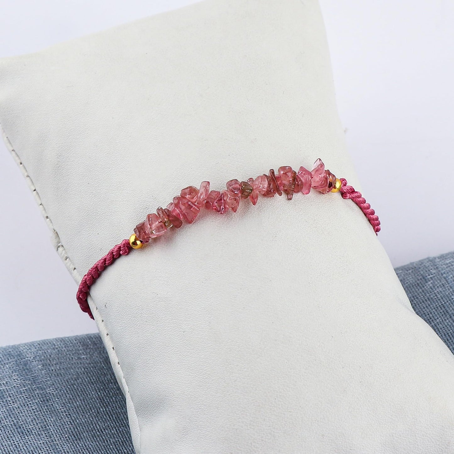 TGH Natural Pink Tourmaline Chips Braided Bracelet Spritual Healing Unisex Bracelet December Birthstone Hand Braided Gemstone Jewelry 7 inch Adjustable Christmas Gift (Pink Tourmaline)