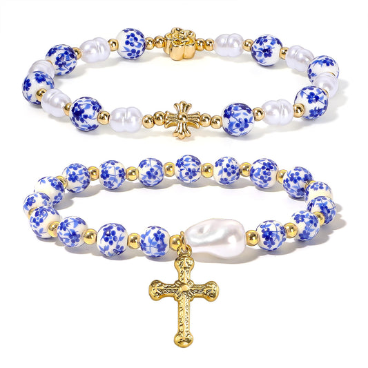 Dainty Cross Charm Beads Bracelet for Women Blue And White Vintage Ceramics Flower Bracelet Handmade Stretch Cute Beaded Romantic stackable Jewelry Gifts