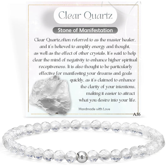 Farfume Clear Quartz - Manifestation - Beaded Bracelets for Women,Handmade Natural Stone 4mm Beads 925 Sterling Silver Stretch Bracelets, Chakra Gemstone Jewelry Gifts for Mom