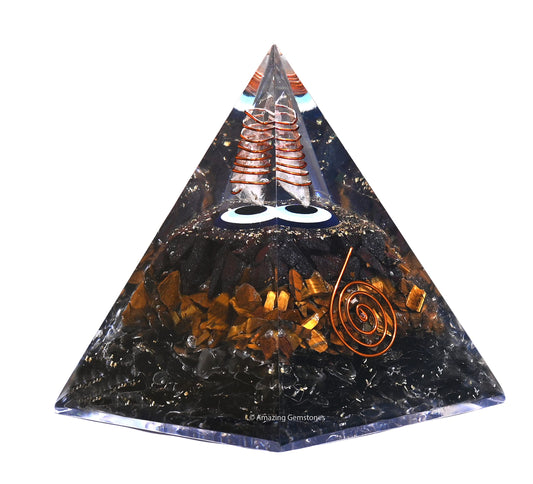 Amazing Gemstone Organite Orgone Pyramid Extra Large 95MM - Orgone Energy Pyramid with Evil Eye, Hematite, Tiger Eye,Black Obsidian Crystals&Healing Stone - Orgonite Pyramids Crystals&Positive Energy