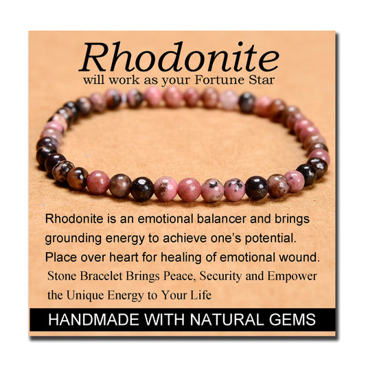 MASSIVE BEADS Pink Black Rhodonite - Stone of Fortune - Handmade Yoga Stretch Elastic Bracelet Natural Stone Crystal Healing Power Energy Gifts for Unisex Adult 4mm