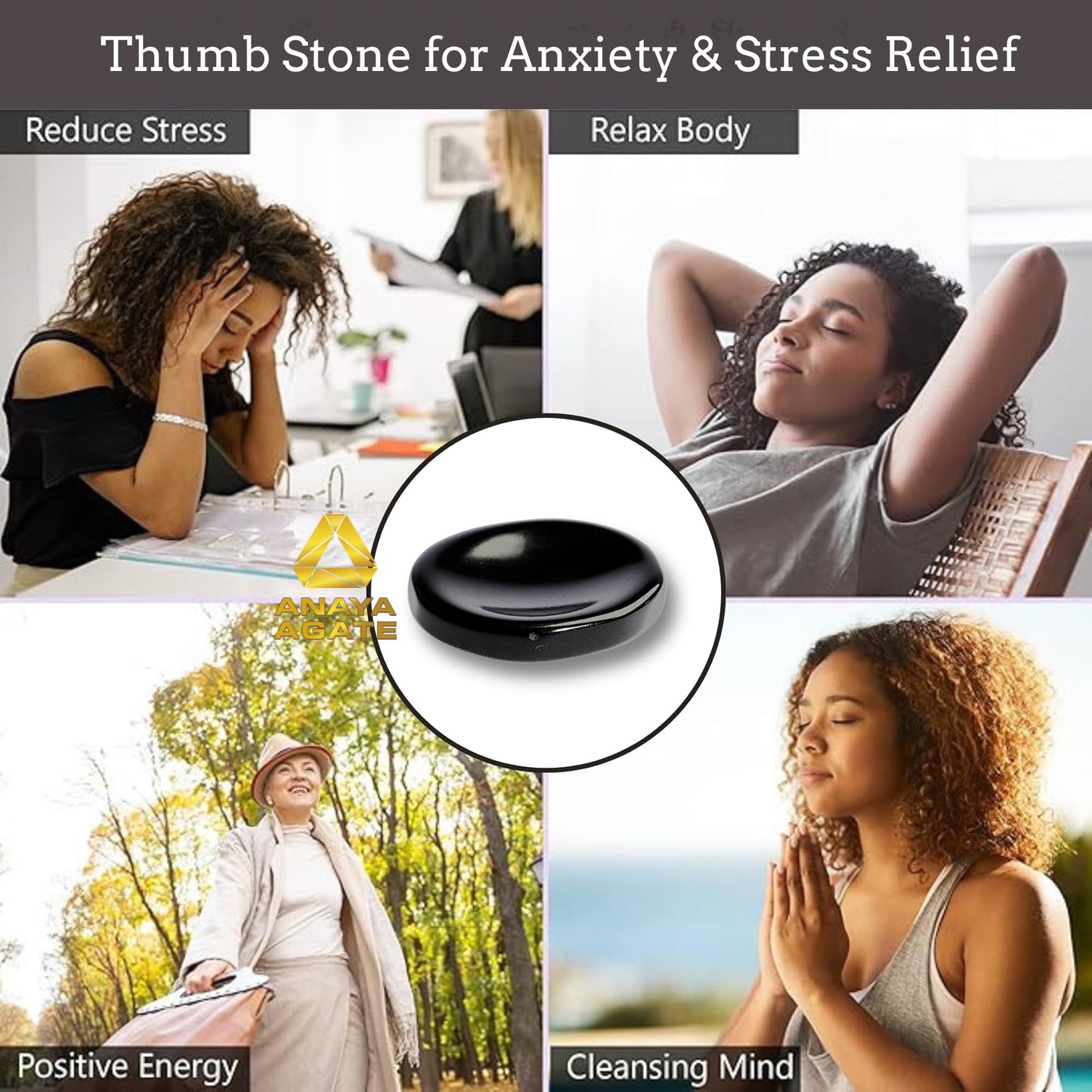 Anaya Agate Black Tourmaline Worry Stones Certified Crystal Thumb Worry Stone for Anguish, Relaxing and Soothing Balance Stones for Meditation, Stress Relief Crystals and Healing Stones for Men, Women