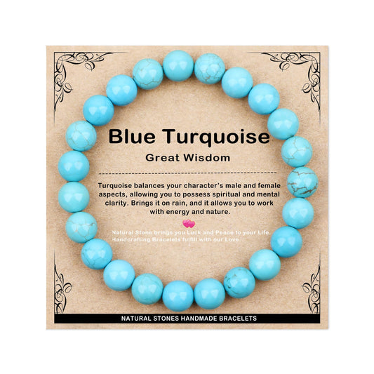 AD Beads 8mm Handmade Blue Turquoise Elastic Bracelet – Natural Gemstone for Great Wisdom – Meditation, Yoga, Healing and Energy Gift for Men Women