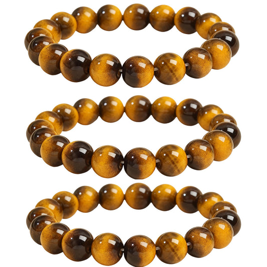 Cryhand Female 8mm Beaded Bracelets For Women Simulated Tigers eye Bracelet for Men Handmade Lucky Money Stretchy Crystal Bracelets Best Gifts 3PCS