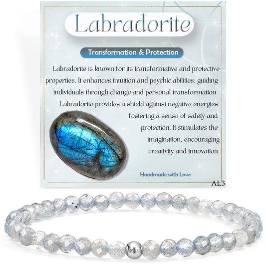 Farfume Labradorite - Transformation & Protection - Beaded Bracelets for Women,Handmade Natural Stone 4mm Beads 925 Sterling Silver Stretch Bracelets, Chakra Crystal Gemstone Jewelry Gifts for Mom