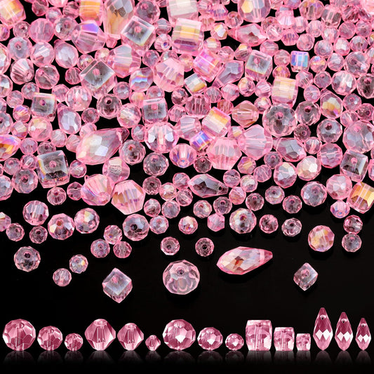 Kigeli 1280 Pcs Glass Beads Bulk Assorted Crystal Beads for Jewelry Making Faceted Teardrop Rondelle Briolette for DIY Crafts Necklace Wristband Earring Kit(Classic,Pink)