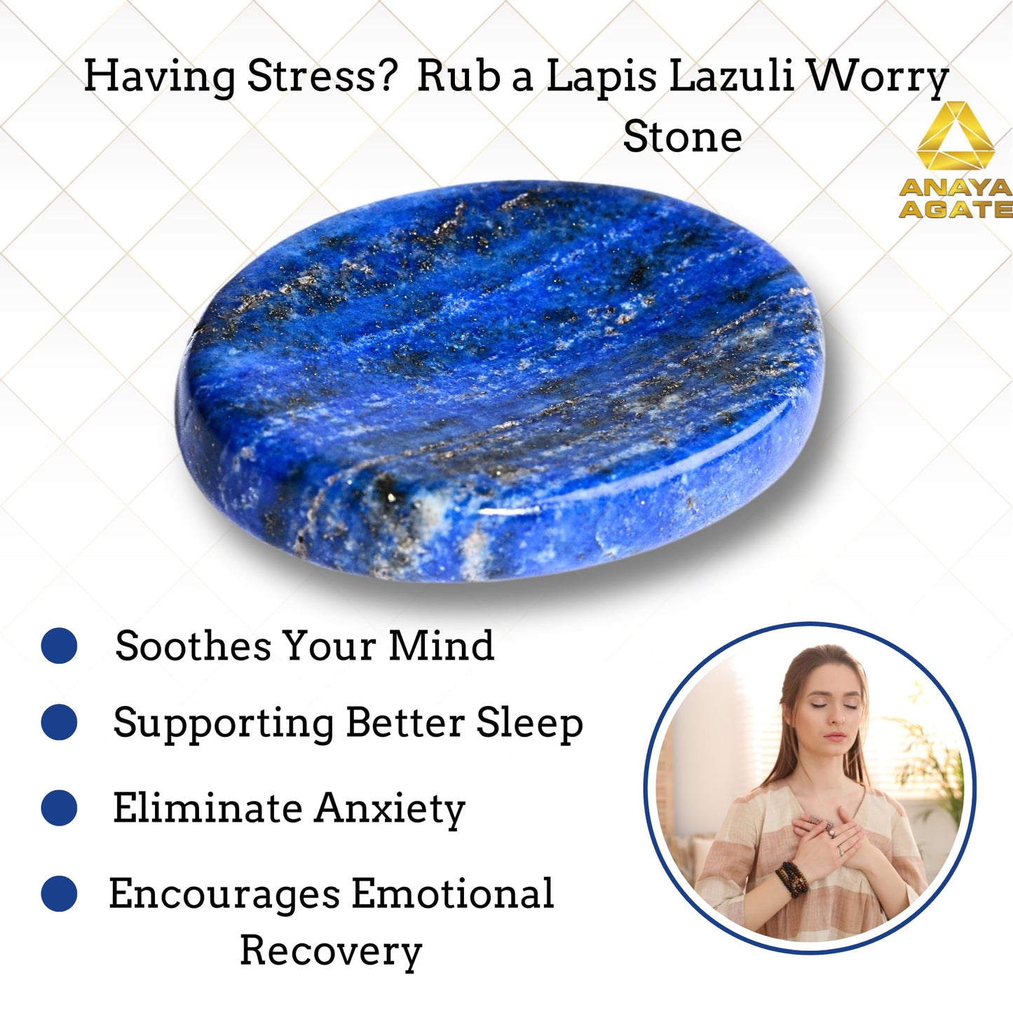 Anaya Agate Lapis Lazuli Worry Stones Certified Crystal Thumb Worry Stone for Anguish, Relaxing and Soothing Balance Stones for Meditation, Stress Relief Crystals and Healing Stones for Men, Women