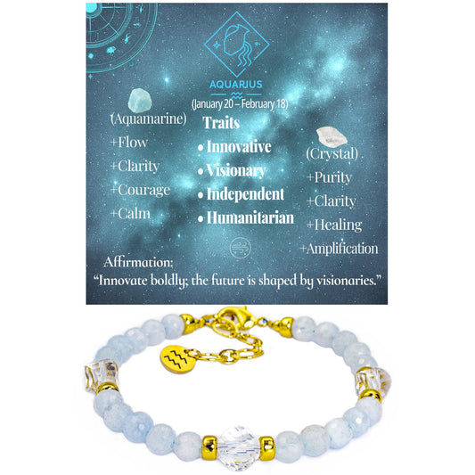 Ayriwoyi Aquarius Zodiac Bracelet Aquamarine Clear Quartz Crystal Healing Beads Bracelet 12 Constellations Bracelets Adjustable Astrology Jewelry Gift Women