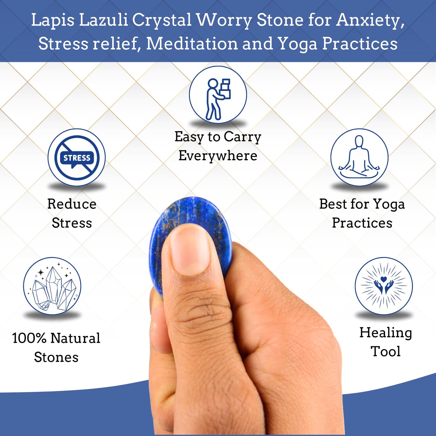 Anaya Agate Lapis Lazuli Worry Stones Certified Crystal Thumb Worry Stone for Anguish, Relaxing and Soothing Balance Stones for Meditation, Stress Relief Crystals and Healing Stones for Men, Women